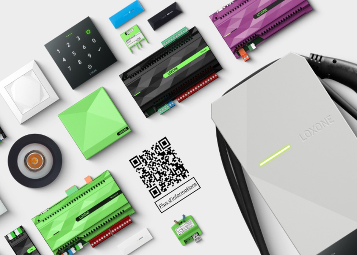 Overview of Loxone components: Miniserver, modules, touch controls, speaker and wallbox